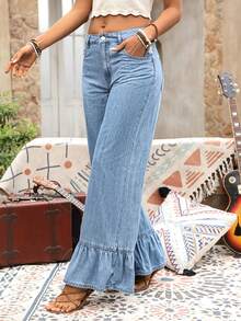 Women's Wide Leg Jeans With Ruffled Hem - màu xanh nhạt - Xem 5