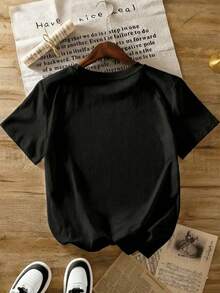 Mujer casual blusa temática con impresión "Happy Valentine's Day" de corazones, tejido suave y cómodo, diseño holgado, cuello redondo, manga corta, primavera verano, ideal para salidas, reuniones y celebraciones, blusa - Negro - Ver 2