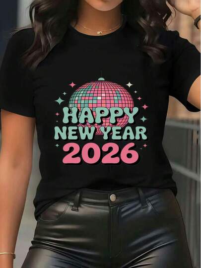 Women's Short Sleeve Graphic T Shirt Happy New Year 2026 Disco Ball Print Tee Casual Cute Holiday Party Top Vintage Y2K Style Crew Neck Soft Cotton Blend Tshirt For Women