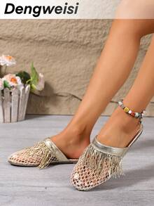 Sandal đế bằng kiểu Bohemian phối lưới vàng, tua rua, thoáng khí, mũi tròn, đa năng, thoải mái, thích hợp đi làm hàng ngày, đi biển, nghỉ dưỡng, mùa xuân hè cho nữ. - Vàng - Xem 1