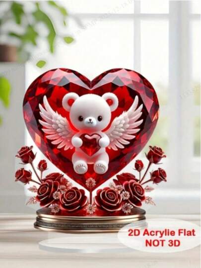 1pc, Crystal Bear Holding Heart Ornaments, 2D Flat Printing, Desktop Ornaments, Acrylic Signs, Suitable For Home Decoration, Multi-Functional Home Desktop Decoration, Valentine's Day Decoration, Holiday Gift