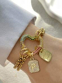 1件 STYLEVER 金色 A-Z 字母手链，彩色钻石心形扣链，白色钻石手链，不锈钢链，圣诞节礼物，万圣节礼物 - 金黃色 - 查看 18