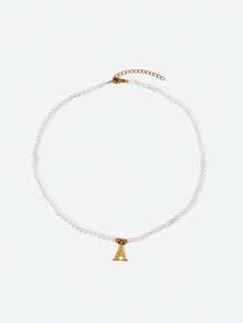 Opalesca 1pc Elegant Polyresin Stainless Steel Letter Pendant Necklace Faux Pearl Beaded Necklace For Women For Gift - Multicolor - View 5