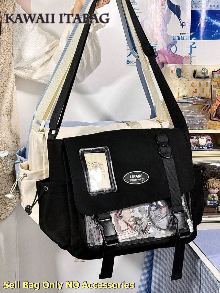 新款时尚女式可爱日系尼龙斜挎包，带徽章展示板，热销Y2K原宿痛包，女大学生书包，少女单肩包，透明PVC材质，S码，女士返校礼物，斜挎包，动漫/粉丝包 - 黑色 - 查看 1