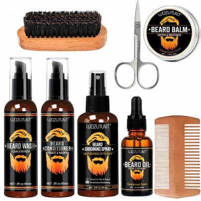 Set de cuidado de barba de 8 piezas para hombres, incluye spray de cuidado de barba de 100ml, aceite nutritivo para barba, acondicionador para barba de 60ml, lavado para barba de 60ml, bálsamo para barba, peine para barba, cepillo para barba, tijeras pequeñas, spray protector térmico a 450°F, regalo perfecto para padre, novio, esposo, abuelo en el Día de San Valentín, cumpleaños