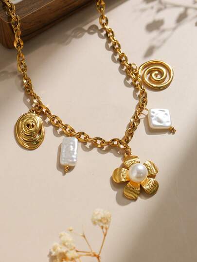 1pc Fashionable 3D Pearl Flower Pendant Stainless Steel Handmade Necklace, Suitable For Girls, Stylish And Exquisite, Perfect For Parties, Festivals And Daily Wear, Gold Jewelry, Must-Have Item For Back To School Season