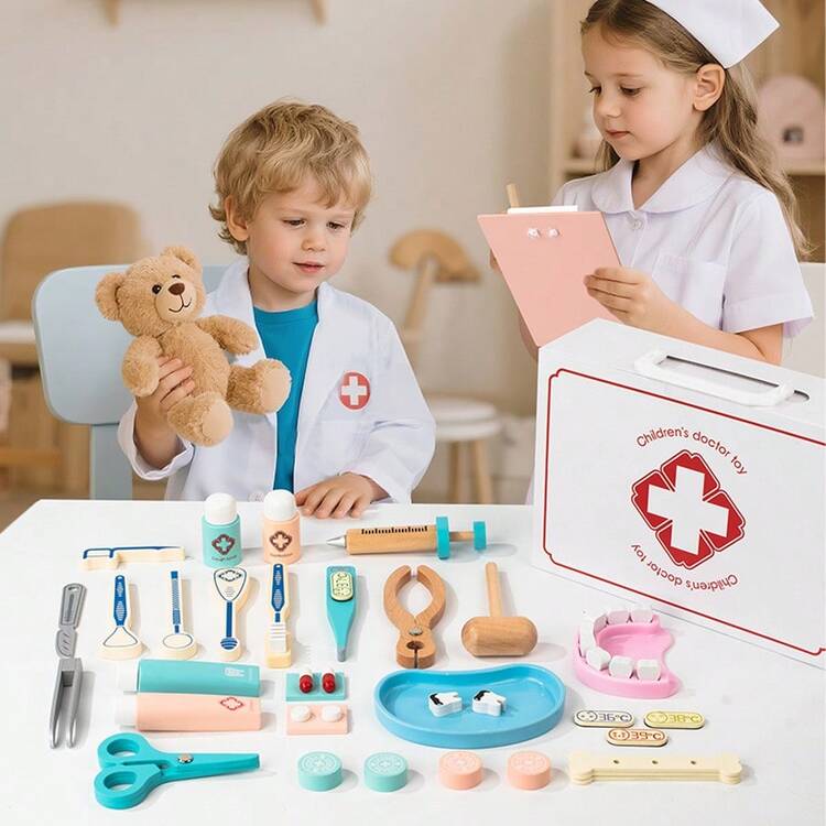 Children's Wooden Realistic Doctor Toy Set, Children's Doctor & Nurse Roleplay Toys, Children's Interactive Play Toys, Early Educational Toys - Multicolor - View 3