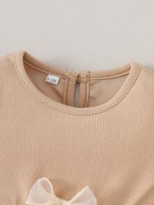 女婴薄纱连衣裙，蝴蝶结装饰，短袖圆领，舒适柔软休闲户外连衣裙，春夏新款公主派对连衣裙 - 杏色 - 查看 4