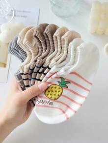 5 pares de calcetines tipo barco minimalistas con diseño de rayas y frutas dulces para mujeres, calcetines ocultos casuales, colores aleatorios, adecuados para uso diario y salidas, para todas las estaciones - Multicolor - Ver 7