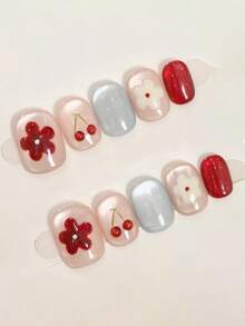10pcs Handmade Press-On Nails, Short Oval Shape, Main Color Nude Cat Eye With Contrast Gray And Bright Red Cat Eye, Hand-Painted Red & White Flowers, 3D Cherry Decor. Cute And Vibrant Design, Suitable For Ladies And Girls To Use In Spring, Summer, Autumn, Winter Holidays And Daily Life. - Multicolor - View 2