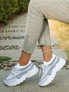 2026新款透气针织厚底女鞋，夏季薄网休闲运动鞋，多功能增高厚底运动鞋 - 白藍 - 查看 2