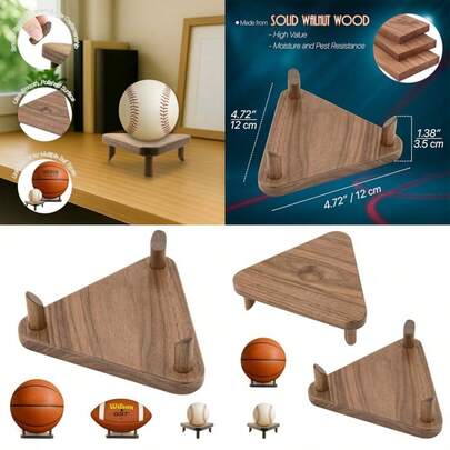 Solid Walnut Ball Display Stand Basketball Holder Football Stand Soccer Ball Display Rack Premium Wood Sports Memorabilia Display Holder Triangle Ball Stand For Autographed Balls