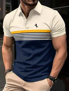 男士大尺碼條紋拼色馬標誌刺繡 Polo 衫 - 彩色 - 查看 1