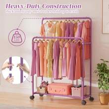 Simple Trending - Perchero de ropa doble con ruedas estante de metal enrollable para colgar dorado - Morado - Ver 4