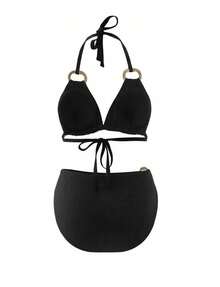 Plus Size Women's New Summer Sequin Solid Color Buckle Decor Two Pieces Bikini, Suitable For Vacation, Beach Date, Valentine's Day Tie Swimsuit Set - Black - View 2