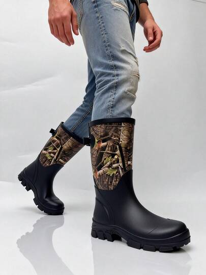 Men's Camouflage Forest Print Tall Boots With Buckle, Nature-Inspired Outdoor Work Style Shoes