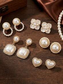 5对优雅简约百搭几何仿珍珠耳钉及复古花卉耳环套装，适合女士日常及节日佩戴