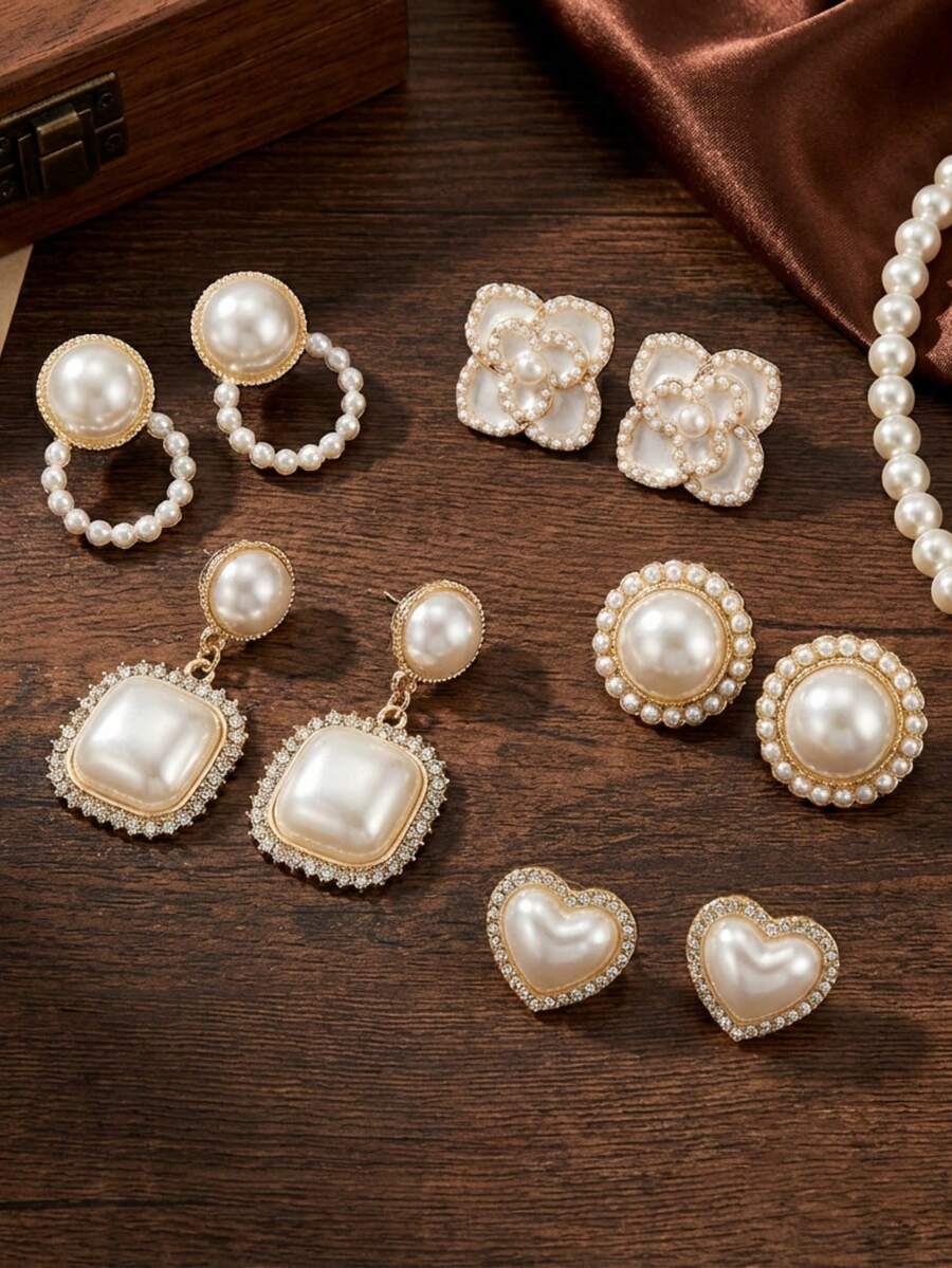 5对优雅简约百搭几何仿珍珠耳钉及复古花卉耳环套装，适合女士日常及节日佩戴