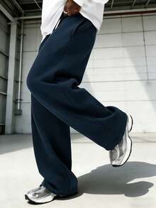 Men's Solid Color Drawstring Pocket Casual Sports Pants Loose Black Loose Fit Long Pants - Navy Blue - View 2