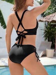 Women's Bikini Set Two Piece Swimsuit Modest Bathing Suit Petal Hollow V Neck Top String Mid Rise Bottom - Black - View 5