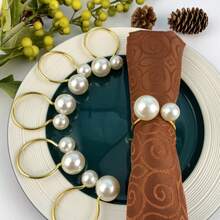 6pcs,12pcs,Upgraded Faux Pearl Napkin Ring,,Suitable For Valentine's Day, Ramadan, Eid Al Fitr, New Year, Etc., Table Top Fabric Storage Circle,Gold, Silver, Table Decoration, Storage Napkin Ring Does Not Fade. - Gold - View 2