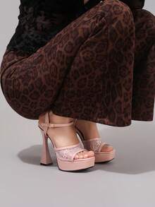 Giày sandal cao gót đế xuồng ren thời trang, giày dự tiệc gợi cảm, sandal hở mũi gót vuông, giày cao gót sàn catwalk dành cho nữ. - Hồng - Xem 2