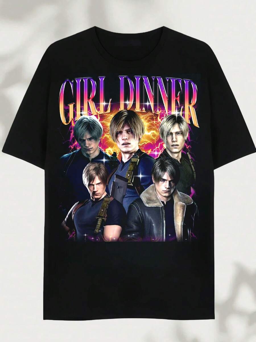 Leon S. Kennedy Bootleg T-Shirt, Gaming Shirt Men's Cotton T-Shirt 220g Loose Version Of The Casual Round Neck Short Sleeve Top For All Four Seasons With Print - 黑色 - 查看 1