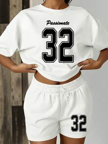 Women's Set: Basic T-Shirt And Printed Jersey Style Short Sweatshirt. Passionate 32 Complete Summer Look, Comfortable, Casual, Stylish. - trắng - Xem 3