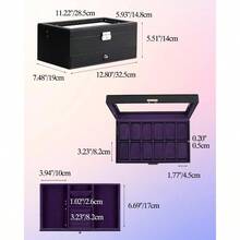 Watch Box, 12 Slot Watch Case With Glass Lid, Lockable Double Watch Storage Box With 1 Wrawer Rings, Earrings, Idea, Black Synthetic Leather, Purple Lining - 12 Slots + Black-purple - View 6