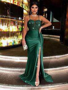 CHOSMO 优雅亮片拼接高开衩吊带裙，适合派对穿着 - 墨綠色 - 查看 8