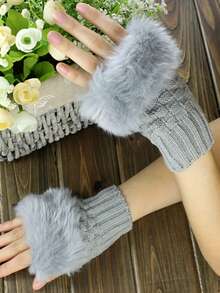 1 Pair Of Women'S Half-Finger Gloves For Autumn And Winter, Plush Thick Gloves With Exposed Fingers For Touch Screen Use - Black - View 3