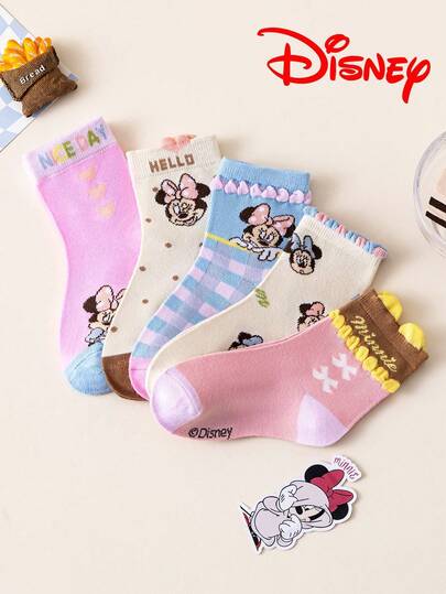 Disney 5 Pairs Series Candy Color Lace Trim Gift Children's Crew Socks, Overall Cute Style, Suitable For Sweet Style, Adorable Cartoon Unique Patterns, Fashionable Casual Breathable Student Socks For Autumn/Winter, Suitable For Daily Wear, Back To School, Holiday Gifts