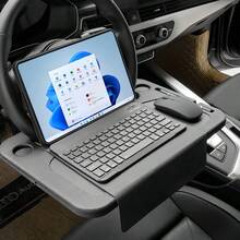 1 Khay để bàn gắn vô lăng ô tô 3 trong 1 màu đen, nâng cấp trải nghiệm lái xe của bạn ngay lập tức! Khay này có thiết kế hai mặt, một mặt có giá đỡ cốc và khe cắm bút, cho phép bạn thưởng thức đồ uống đồng thời ghi chú thuận tiện trong xe; mặt còn lại là một bề mặt phẳng rộng rãi, vừa vặn với máy tính xách tay, giúp bạn làm việc hoặc giải trí hiệu quả trong xe. - 1 khay đựng đồ di động gắn vô lăng - Xem 10