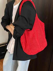 Yogodlns 轻便休闲镂空编织购物钩编包，大容量手提袋，适合旅行、户外活动和上学。多功能厨房收纳网袋，适合海滩度假或轻松携带，母亲节礼物之选。 - 紅色 - 查看 5