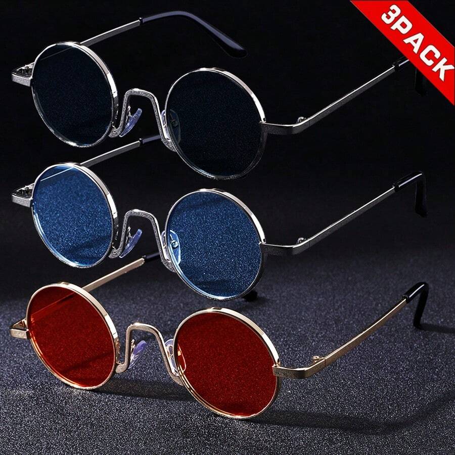 3副/套 男士时尚眼镜，蒸汽朋克圆形眼镜，适合男女参加派对、拍照道具，四季皆宜