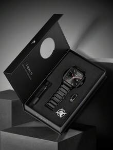 TOMI Quartz Men's Watch Set With Logo Pin & Ring, Stainless Steel Strap, Vintage Textured Blue Dial, Square Case, Luxury Gift Box Suitable For Daily Life, Business Events, Father's Day, Valentine's Day, Christmas, Commuting, Dating