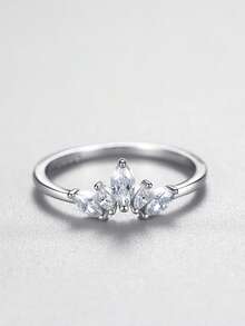 1 pezzo Anello da dito in argento sterling 925 con corona alla moda, elegante anello con zirconia chiaro per donne e ragazze, accessorio da festa, gioiello - Argento - Visualizzare 1