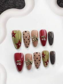 10件套复古坏女孩美甲套装，亚克力按压式美甲贴片，粉嫩粉色，闪亮双星美甲贴纸，黑色波点，手绘不对称红色星星美甲装饰，大胆个性风格，红色、巧克力色、浅绿色指甲油，包含美甲工具，手工按压式美甲贴片 - 彩色 - 查看 11