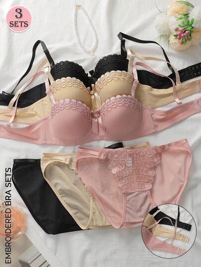 6pcs Set Women Butterfly Embroidery Decor Underwire Bra And Panty, Embroidered Lingerie Set (3 Panties, 3 Bras)