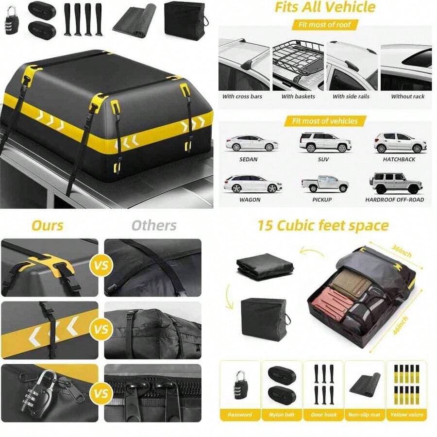 KIOVINO Bolsa de Techo de Coche, PVC, 15 Pies Cbicos Caja de Equipaje Plegable Impermeable con Tapete Antideslizante, Diseo de Tira Reflectante - como se muestra en la figura - Ver 1