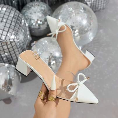 أحذية نسائية ذات كعب سميك وأصبع مدبب مزينة بربطة الشريط الشفافة وألوان متباينة، أنيقة ومريحة للحفلات والزفاف والمهرجانات الموسيقية، مناسبة للصيف والخريف/الشتاء