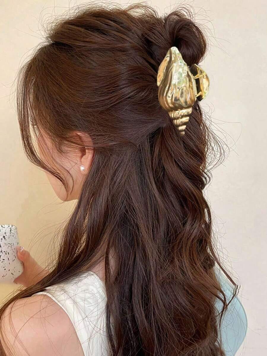 IRIE 1pc Fashion Summer Beach Seashell Textured Striped Hair Clip Women Elegant Holiday Hair Accessory Ocean Element Hair Claw Beach Decor Beauty Hair Clip Autumn Winter Holiday Outfit - 金貝殼 - 查看 1