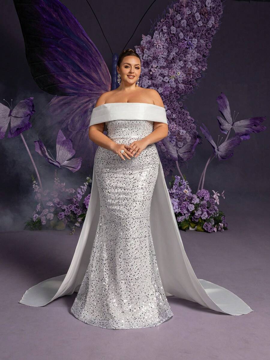 Faeriesty 大码优雅白色亮片露肩晚礼服，美人鱼廓形，全身亮片装饰，长拖尾 - 完美适用于夏季婚礼、正式晚宴、红毯活动、周年纪念晚宴 - 白色 - 查看 1