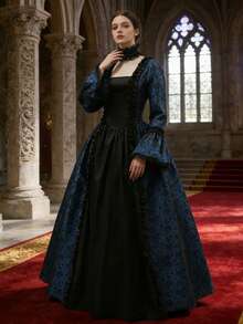 New Vintage Palace Style Printed Long Dress, Victorian Costume Performance Dress Halloween Costumes Spring Fall - Multicolor - View 11