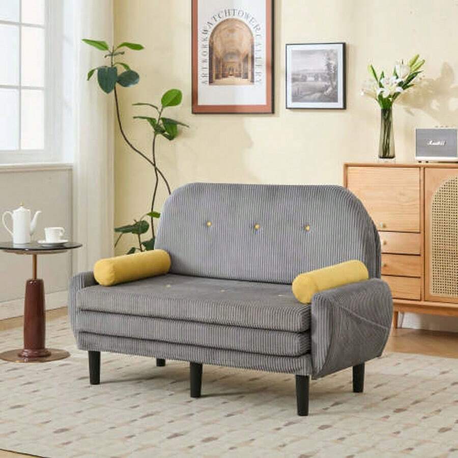 Two-Seater Grey Corduroy Sofa For The Living Room, Usable As A Daybed And Reclining Armchair With Storage Space. - Grey - View 1