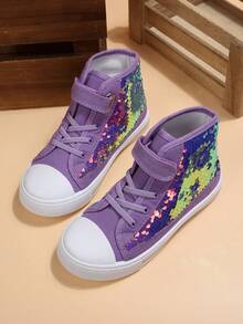 SUNCOM Comfortable & Non-Slip Kids Sneakers – High Top Glitter Canvas Shoes For Boys & Girls, Breathable & Versatile Hook & Loop Design - 紫色亮片 - 查看 5