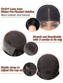 TOPSHE 13*5*1 T型蕾丝前假发，24英寸柔软黑色无刘海假发，耐热合成纤维，适合日常、派对、旅行、角色扮演、圣诞节及其他场合。 - 黑色 - 查看 10