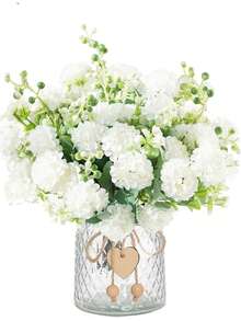 1束11.2英寸人造绣球花丝绸康乃馨花束，菊花装饰，春秋季装饰，婚礼花瓶，家居室内餐厅卧室浴室装饰，母亲节礼物，节日生日派对用品，户外花园 - 白色 - 查看 5