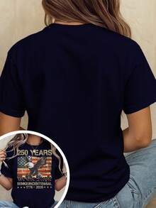 Women Loose 100% Cotton Graphic Tee, 250th American Independence Patriotic Print Top, Machine Washable Casual Outfit For 4th Of July Party Events - 海軍藍 - 查看 3
