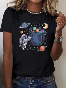 Plus Size Womens 100 Space Themed T Shirt With Astronaut (2) - 黑色14 - 查看 1